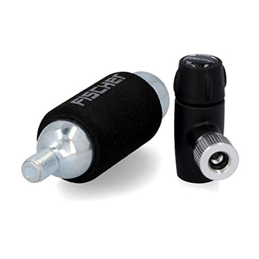 FISCHER 50392 Fahrrad CO2 Luftpumpe und Kartusche, passend für alle Ventile (AV,,DV, SV), Schwarz, Schwarz, mit Dosierhebel im Sale